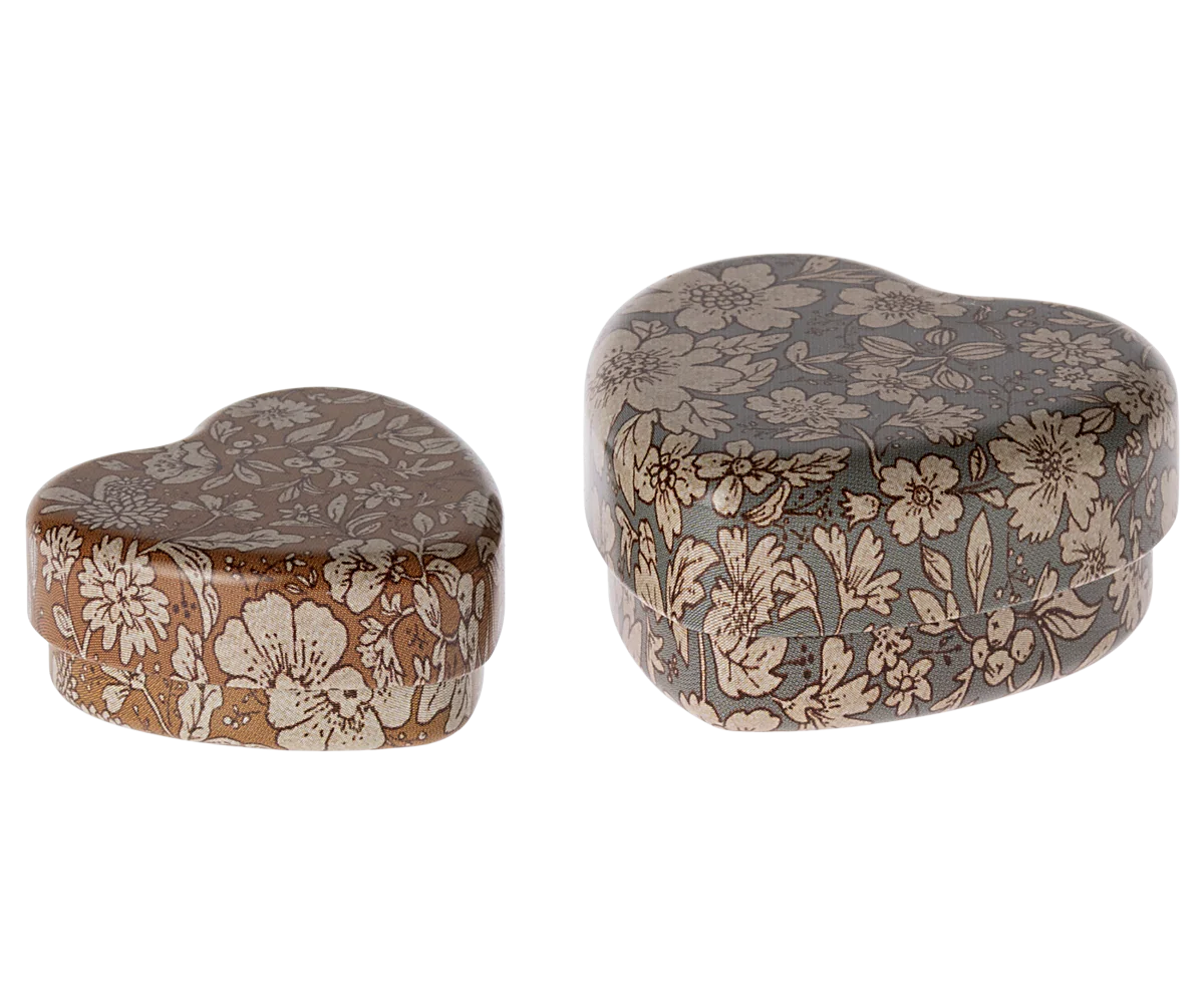Metal hjerteæske, sæt med 2 - Blå/Okker blossom