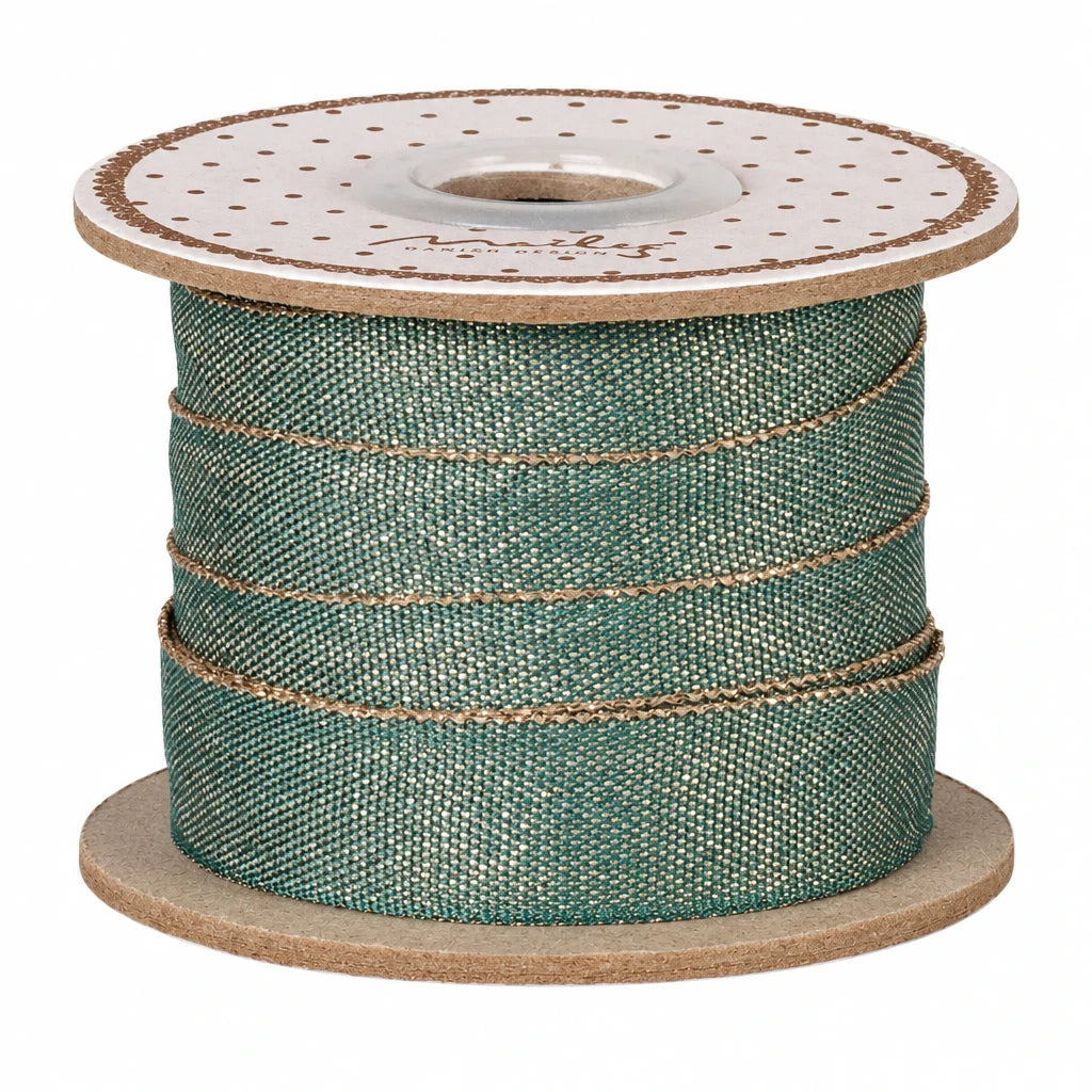 Maileg gavebånd, 13 mm, 10 m - Grøn/Guld