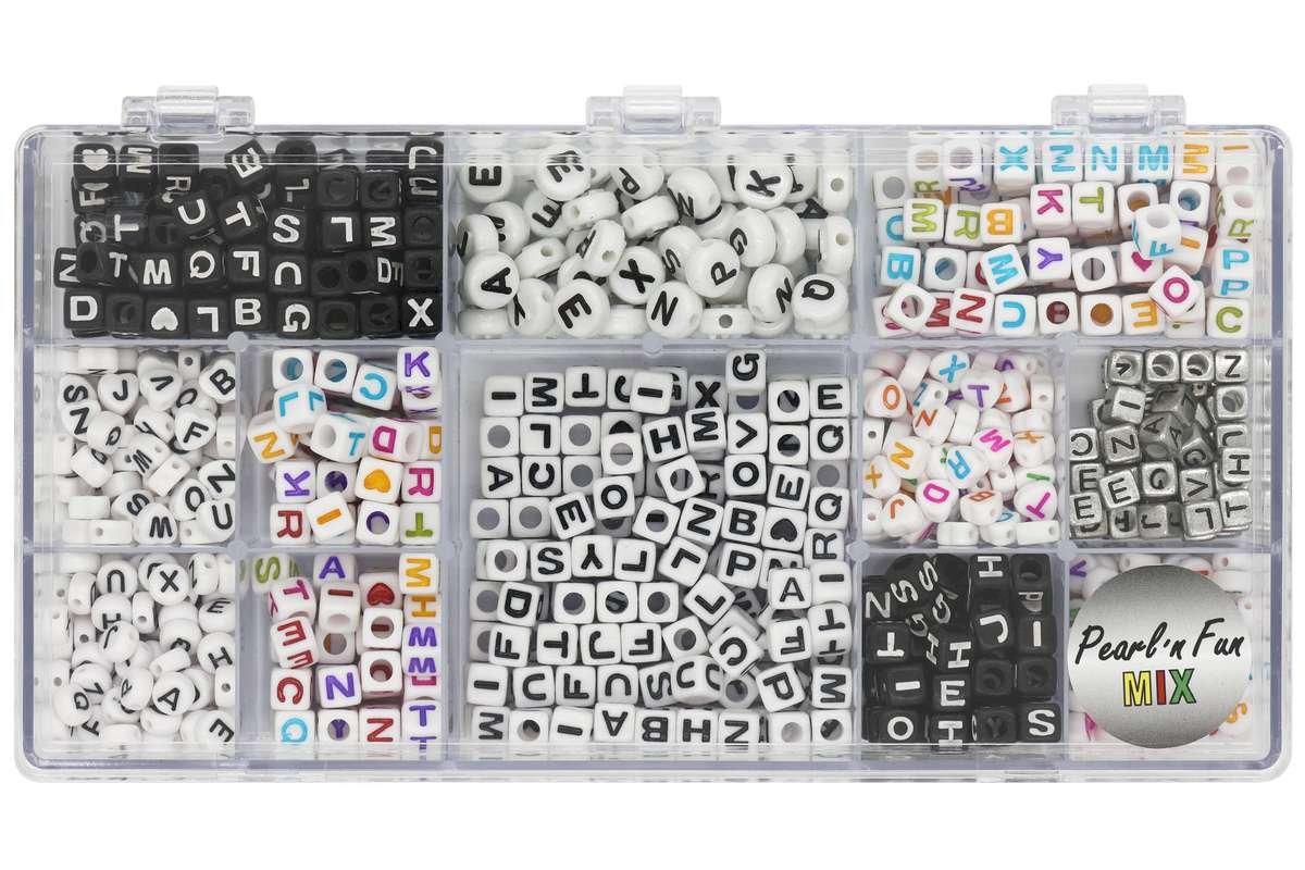 Perlemix bogstaver ass. farver & størrelser i æske