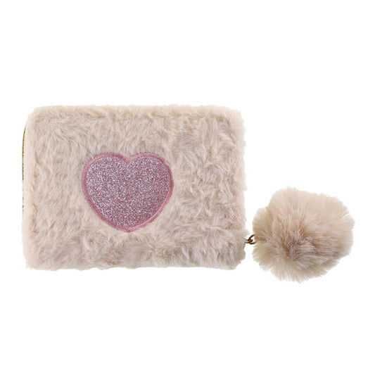 Pung - Fluffy med glimmer hjerte - Beige