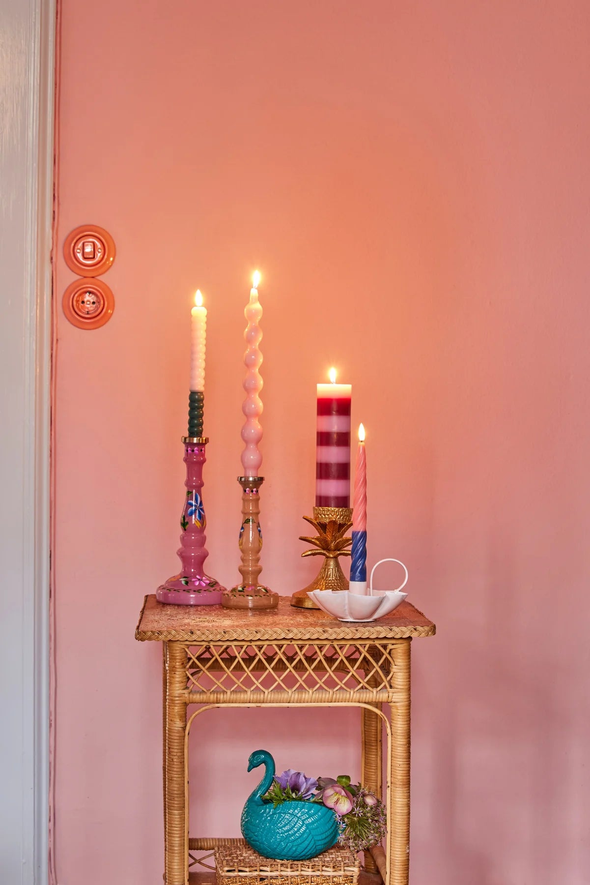 LED Stearinlys - Pink/Grøn - 2-pak