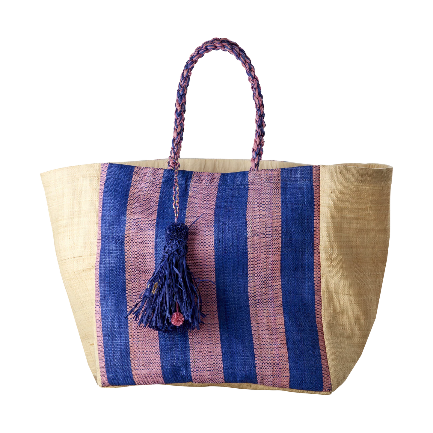 Stor Raffia Taske - Natur - Blå Striber