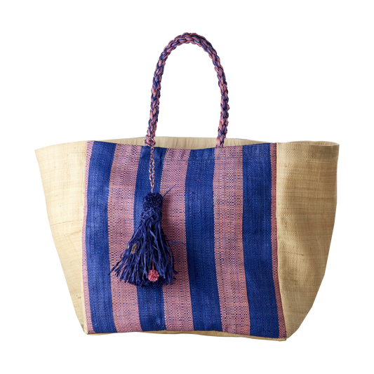 Stor Raffia Taske - Natur - Blå Striber