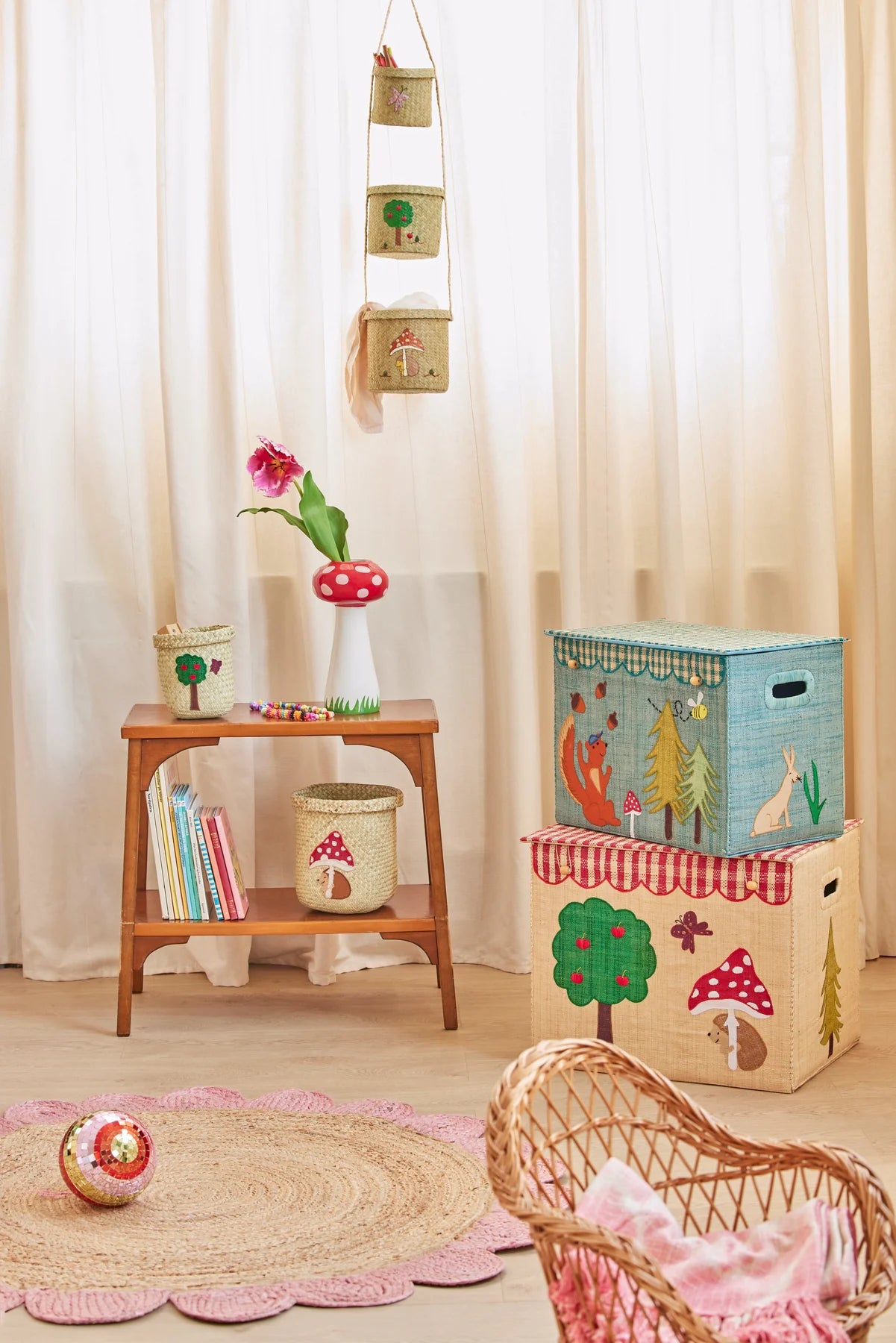 Stor Raffia Opbevaringskurv - Blå - Happy Forest Theme - Sammenklappelig