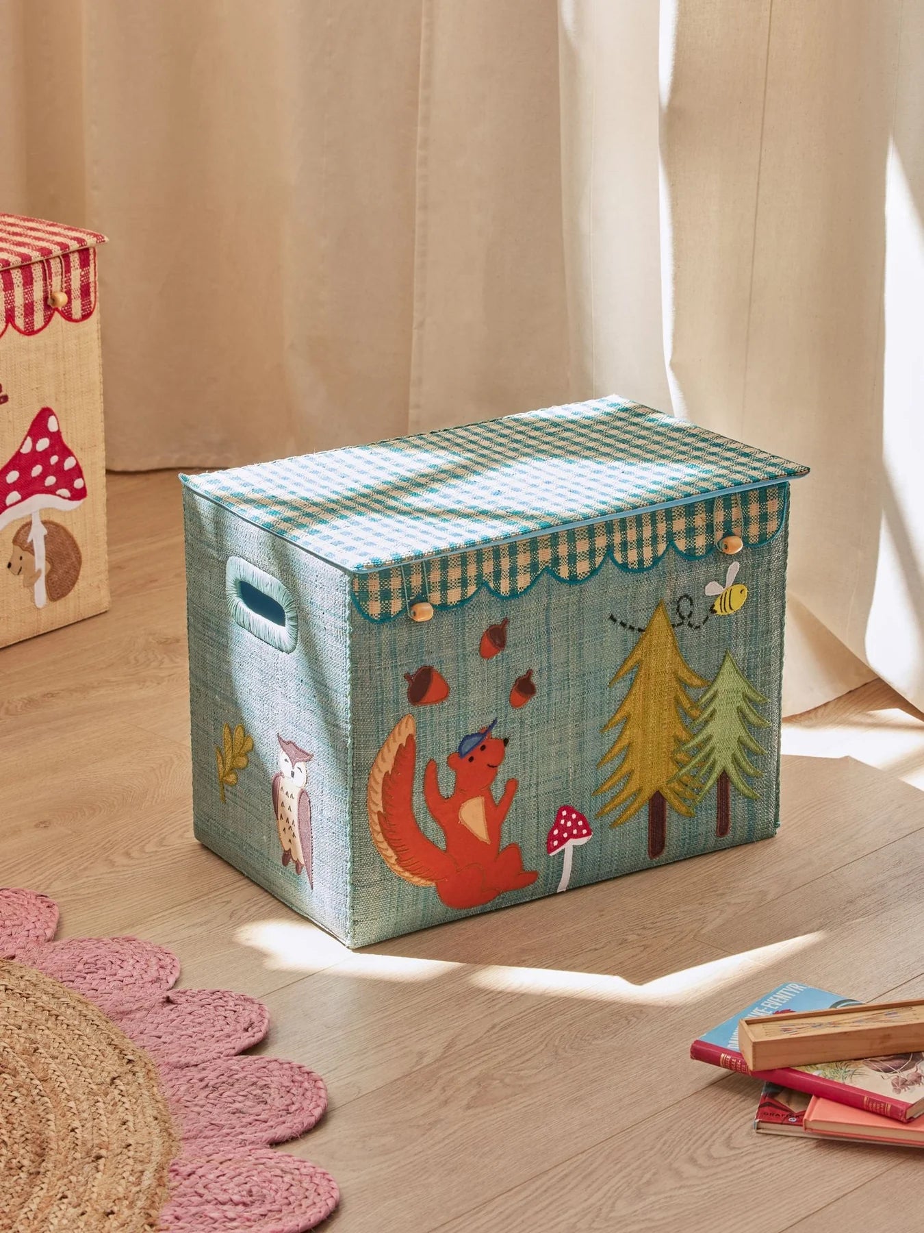 Stor Raffia Opbevaringskurv - Blå - Happy Forest Theme - Sammenklappelig