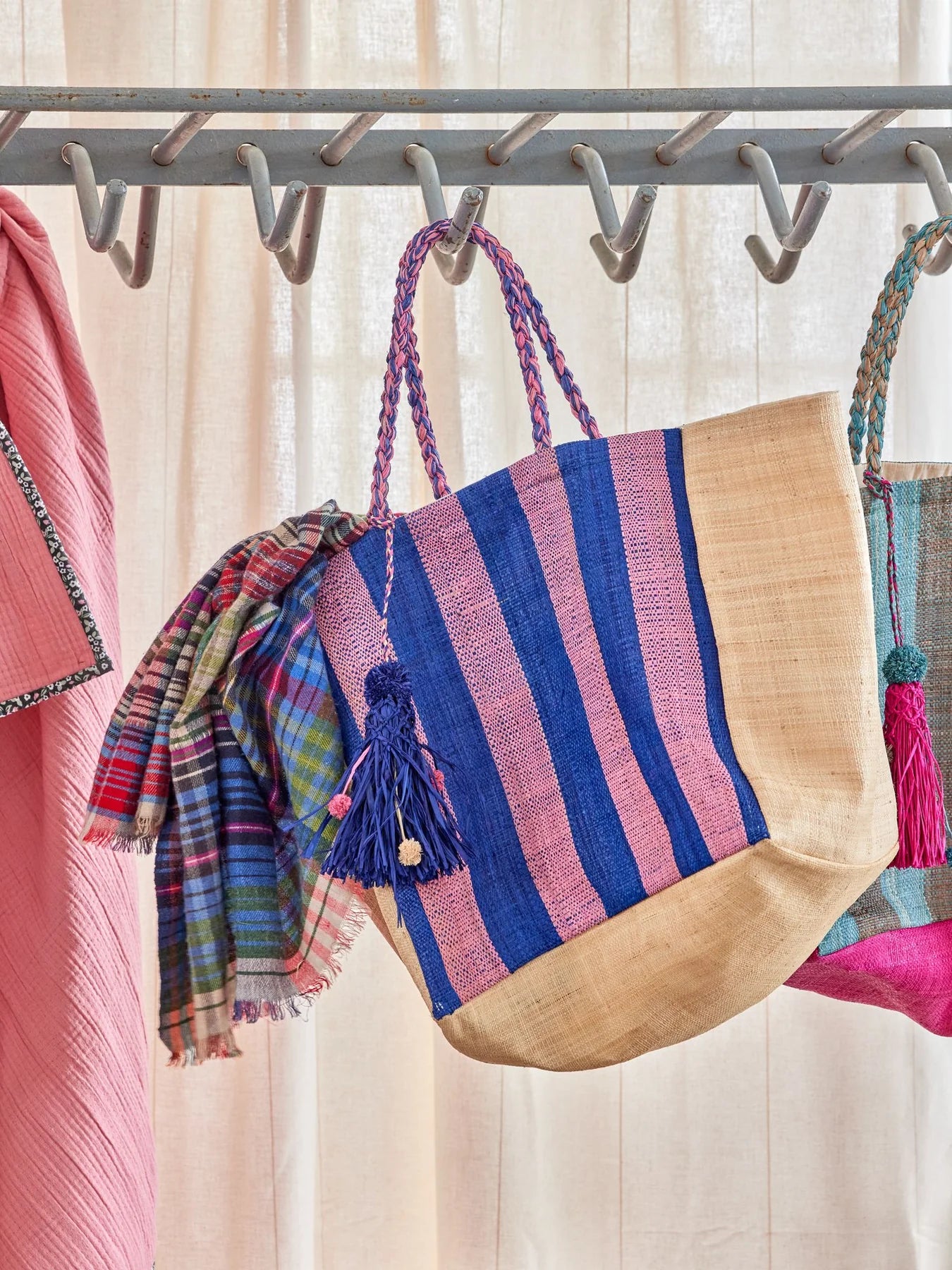 Stor Raffia Taske - Natur - Blå Striber