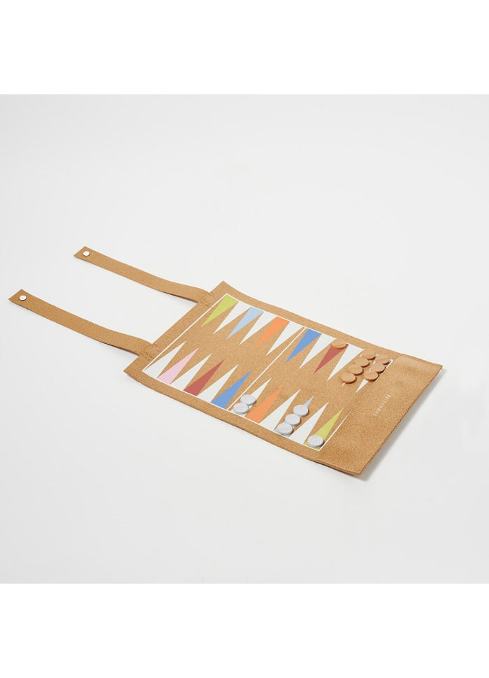 Backgammon og Dam - Wooden & Cork Roll-Up Game Majorelle