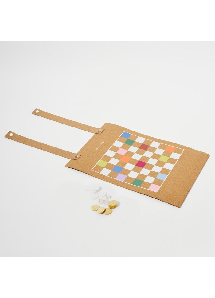 Backgammon og Dam - Wooden & Cork Roll-Up Game Majorelle