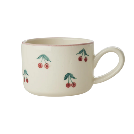 Rice Keramik Cappuccino Kop - Off White - Hand-painted Cherries