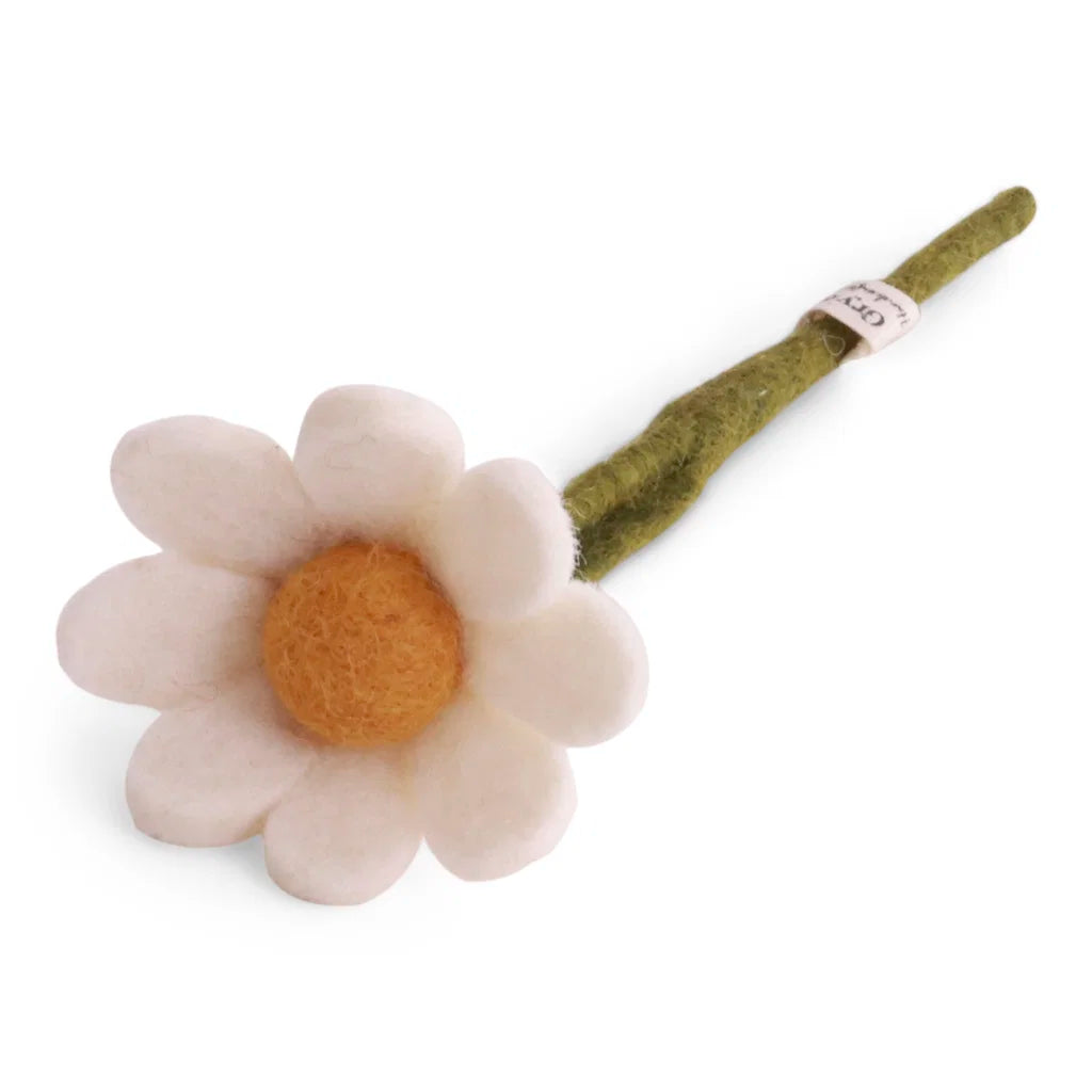 Lille hvid anemone med blad  – håndlavet i filt