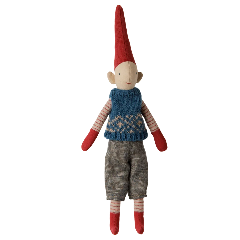 Maileg Nisse - Pixy str. 1 - Dreng med blå strikket vest