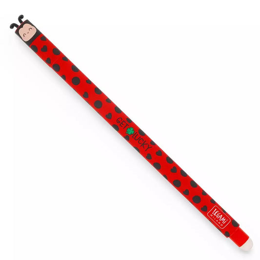 Sød Ladybug viskelæderpen med rødt gelblæk, der kan viskes ud. Perfekt til skole, noter og kreative projekter. 0,7 mm spids giver en jævn og præcis skrift.