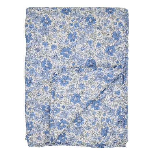 Quilt m. blomstermønster - blå nuancer