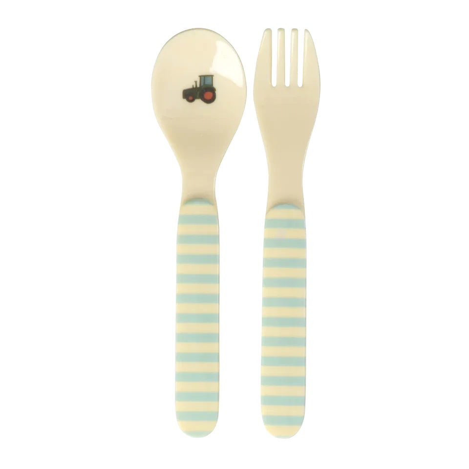 Rice - Babyske og gaffel - Blå m traktor