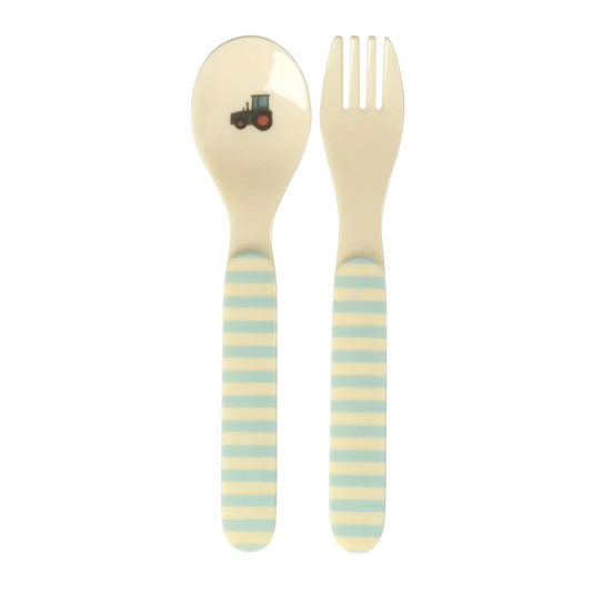 Rice - Babyske og gaffel - Blå m traktor